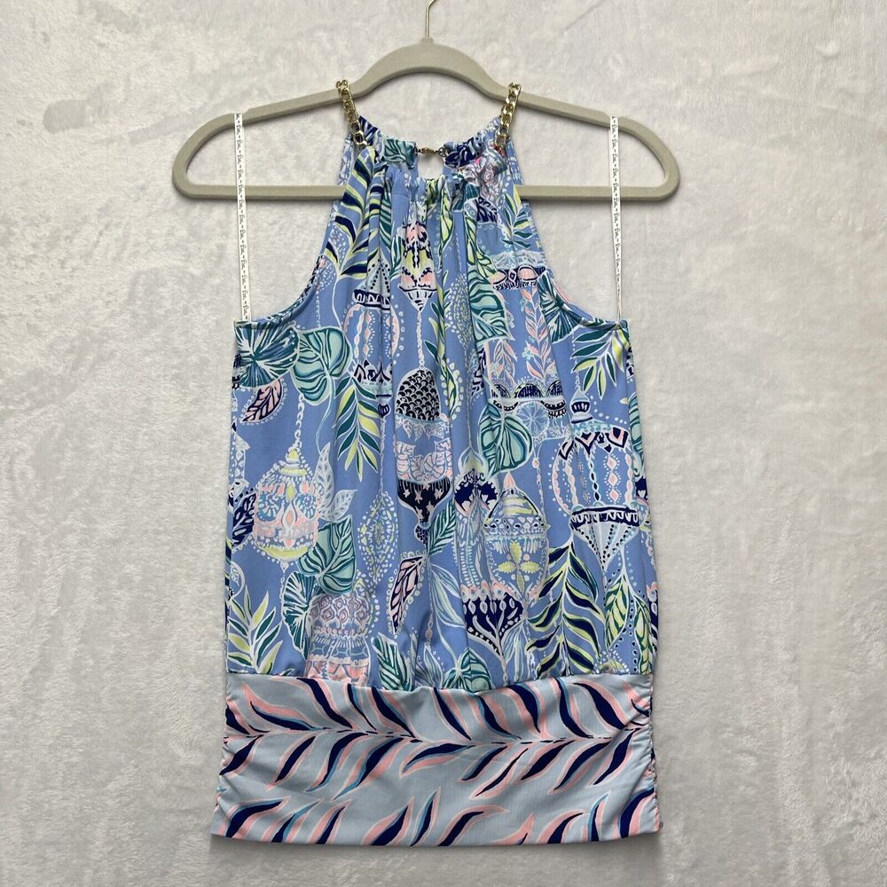 Lilly‎ Pulitzer Bowen Halter Top Women's Sz XXS Blue Peri Lapis Lanterns Gold
